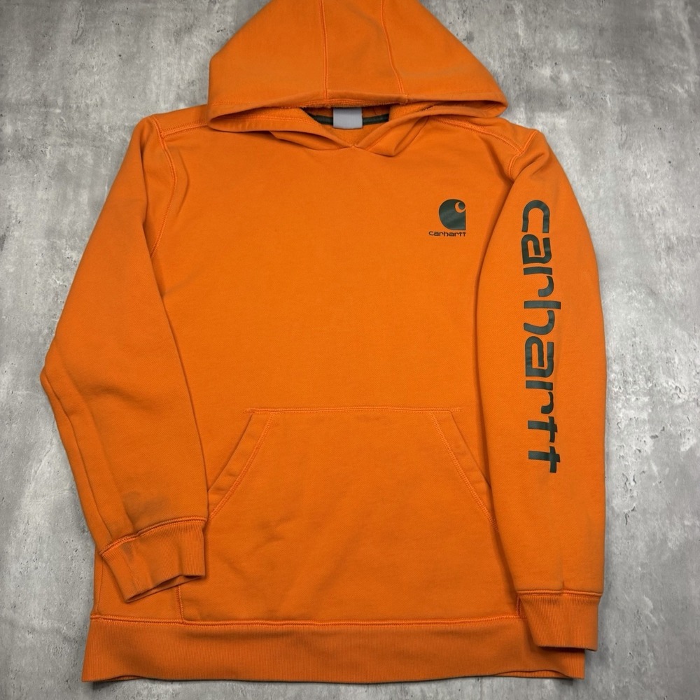 Carhartt Youth XL (18-20) Orange Hoodie Sweatshirt Logo Sleeve Pullover Work USA